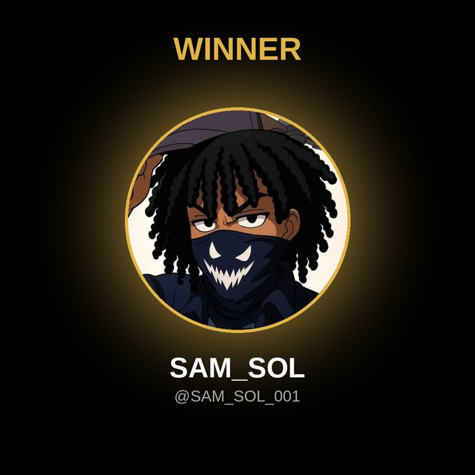 The image displays a "WINNER" announcement featuring an anime-style avatar of a character with dreadlocks and a masked face, with the username "SAM_SOL" (@SAM_SOL_001) displayed below. This celebrates the MetaWin winner mentioned in the accompanying post, who was awarded $300.