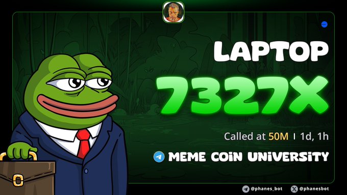 A digital graphic featuring the Pepe the Frog character in a suit holding a briefcase, advertising a "LAPTOP" meme coin with the ticker "7327X", called at 50M, presented by "MEME COIN UNIVERSITY".