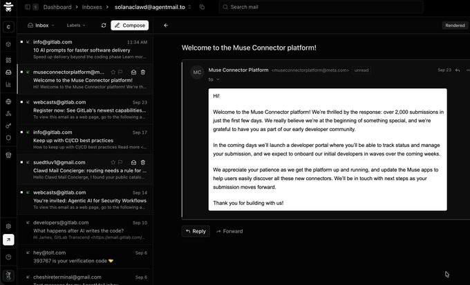 A dark-themed Gmail inbox showing an email from 'Muse Connector Platform' titled 'Welcome to the Muse Connector platform!', thanking recipients for over 2,000 submissions and announcing a developer portal.