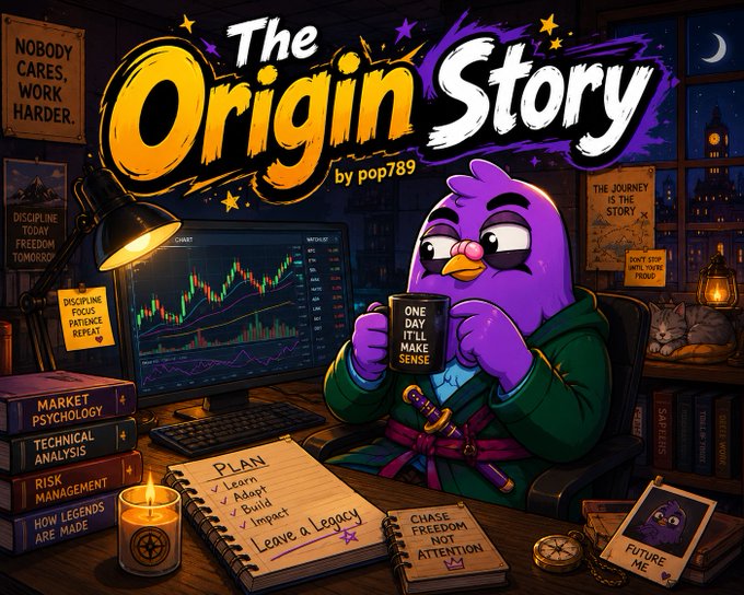 An illustrated thumbnail titled 'The Origin Story by pop789' depicting a purple cartoon character holding a mug that says 'ONE DAY IT'LL MAKE SENSE', surrounded by trading books and a chart.