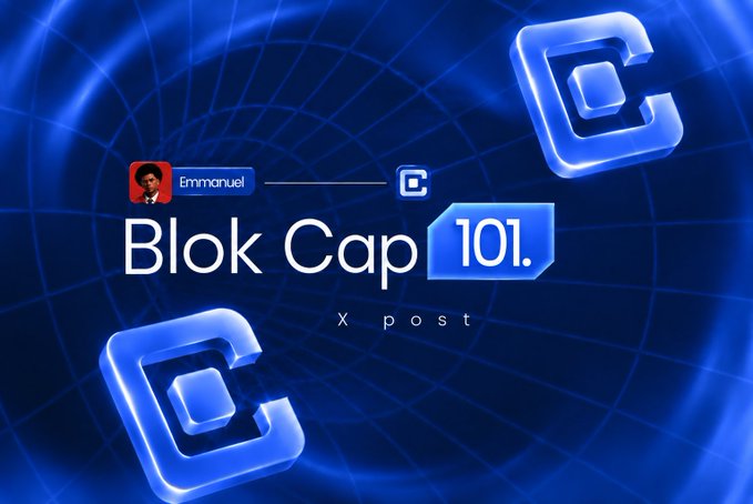 A promotional graphic with a dark blue radial background displaying the text 'Emmanuel - Blok Cap 101.' and 'x post' alongside 3D blue 'C' logo elements.