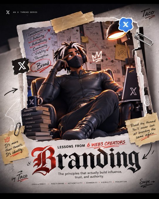A promotional poster for an "An X Thread Series" titled "Branding" by Taco features a 3D-rendered figure in black sitting in a chair surrounded by notes, books, and text about building influence through consistency, positioning, and authenticity.