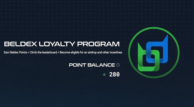 A dark promotional graphic for the 'BELDEX LOYALTY PROGRAM' showing a point balance of 280 and explaining how to earn Beldex Points to climb a leaderboard for airdrops, alongside a green and blue logo.