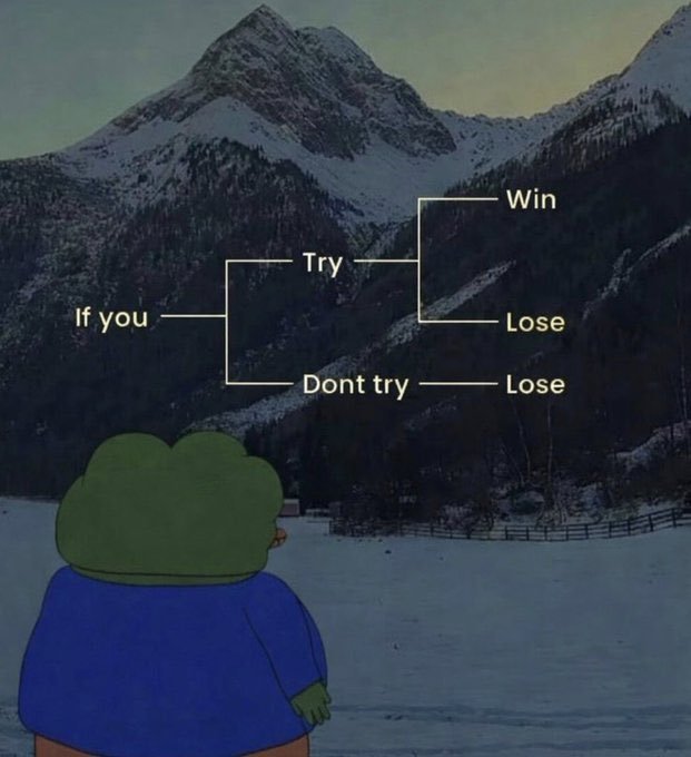 A motivational meme featuring a cartoon frog in winter clothing looking at snowy mountains, with a flowchart showing: "If you Try, you can Win or Lose; If you Don't try, you Lose."