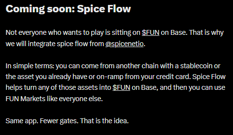 An announcement titled 'Coming soon: Spice Flow' explaining the integration of spice flow from @spicenetio to allow users to convert assets into $FUN on Base.