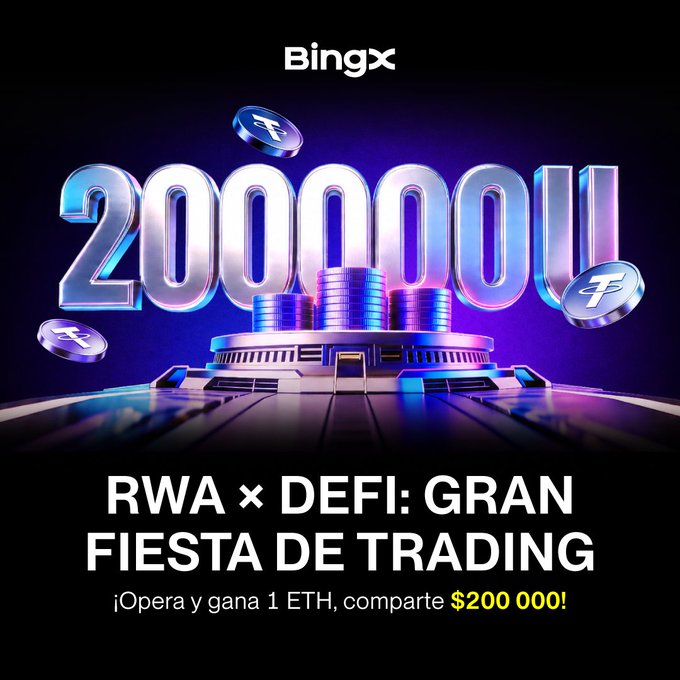 A BingX cryptocurrency promotional graphic advertising a 'RWA × DEFI: GRAN FIESTA DE TRADING' event with a $200,000 prize pool displayed in large 3D metallic text.