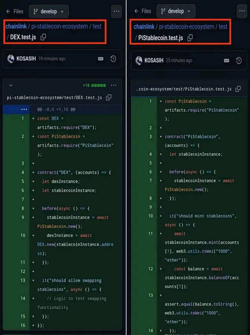 Two side-by-side GitHub file views from the chainlink/pi-stablecoin-ecosystem repository, showing test files DEX.test.js and PiStablecoin.test.js authored by "KOSASIH," containing JavaScript smart contract code for testing a decentralized exchange and a Pi stablecoin minting function on the Ethereum blockchain. The code illustrates the technical implementation behind the post's mention of building DEX smart contracts and integrating a Pi stablecoin within the ecosystem.