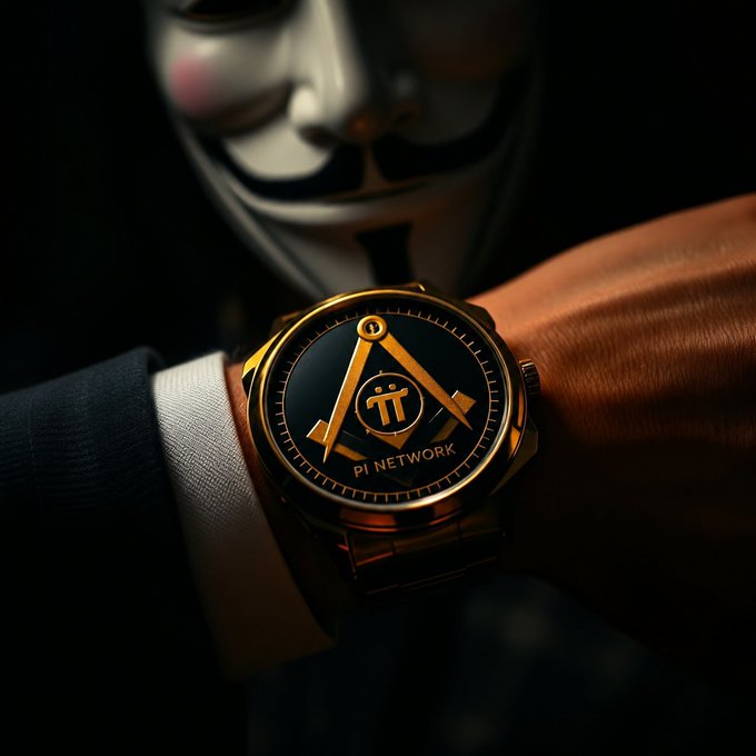 A wrist sports a gold-and-black watch branded "PI NETWORK" with its signature π symbol and compass emblem, worn beneath a Guy Fawkes mask—anonymous "Satoshi Nakamoto?" vibe tying crypto mystery to Pi Network identity.