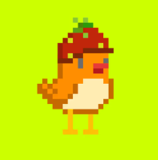 A pixel art illustration of a chicken or bird character wearing a red strawberry-like hat, set against a bright green background.