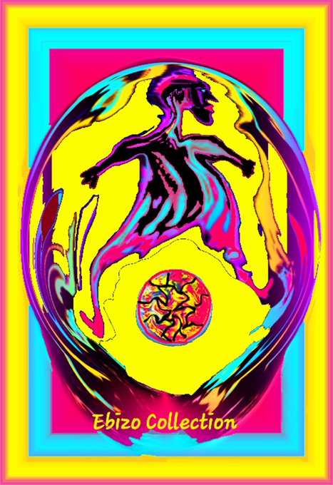 A vibrant, psychedelic digital artwork titled 'Ebizo Collection' featuring a stylized human figure in motion within swirling colors of pink, yellow, cyan, and black.