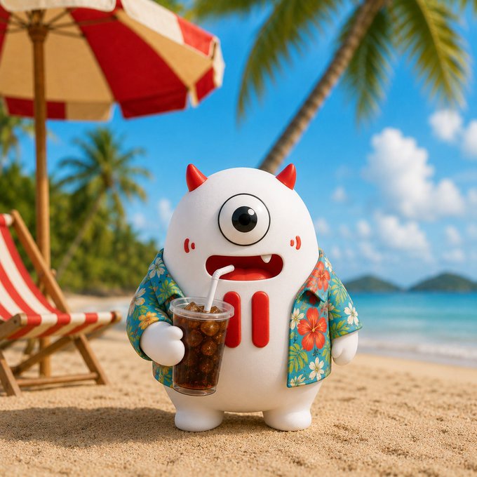 A 3D-rendered cartoon character with red horns wearing a blue floral Hawaiian shirt, holding a glass of iced cola with a straw on a sunny beach with an umbrella.