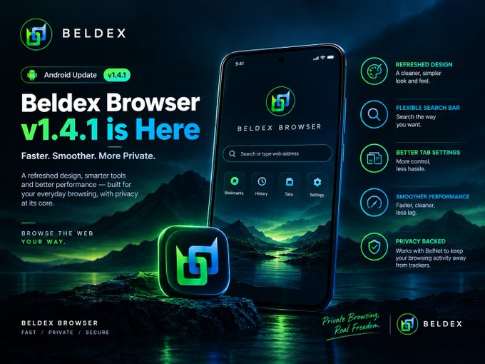 A promotional graphic for **Beldex Browser v1.4.1** on Android, featuring a smartphone displaying the app against a dark, mountainous landscape with a glowing green Beldex logo. The ad highlights key updates: a refreshed design, flexible search bar, better tab settings, smoother performance, and privacy features—aligning with the post's announcement of the new release focused on speed, smoothness, and enhanced privacy.