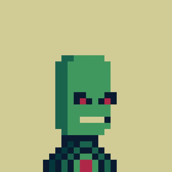 Pixel art portrait of a green-skinned character with red eyes and a slight grin against an olive background.