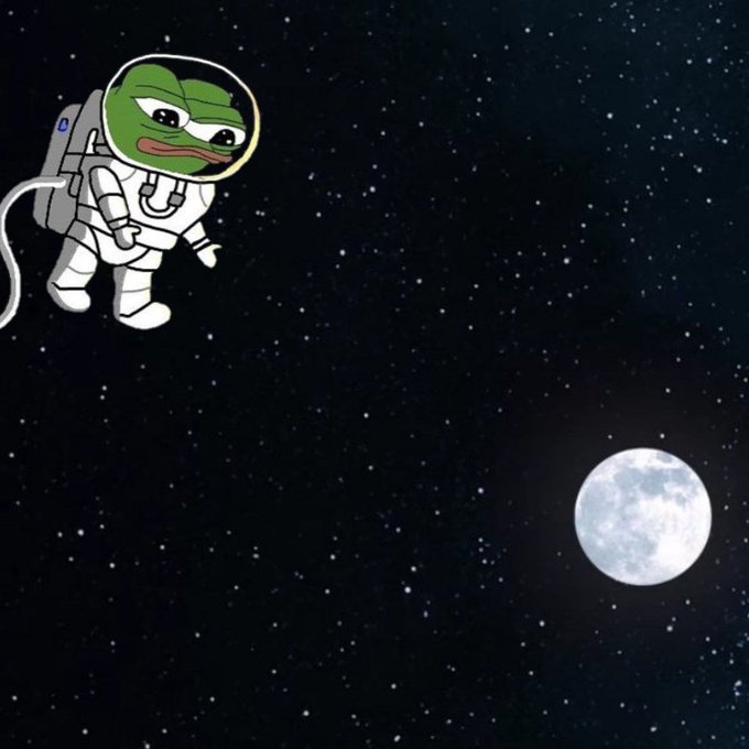 A Pepe the Frog meme character dressed in an astronaut suit floats in outer space, with stars scattered across the dark background and a bright full moon visible in the lower right.