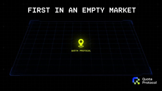 A minimalist dark graphic titled 'FIRST IN AN EMPTY MARKET' featuring a glowing yellow location pin icon labeled 'Quota Protocol' centered on a blue grid plane, with the Quota Protocol logo in the corner.