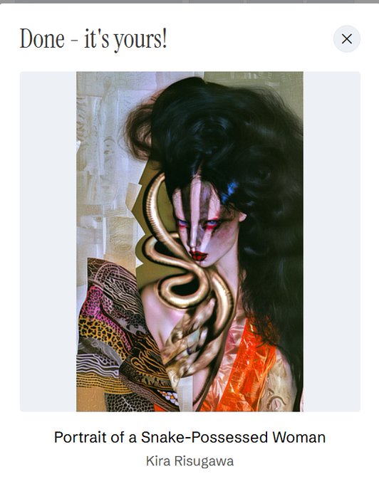 A digital art piece titled "Portrait of a Snake-Possessed Woman" by Kira Risugawa, displayed under the heading "Done - it's yours!". The artwork depicts a dark-haired woman with dramatic makeup entangled with a large snake, surrounded by rich patterned fabrics.
