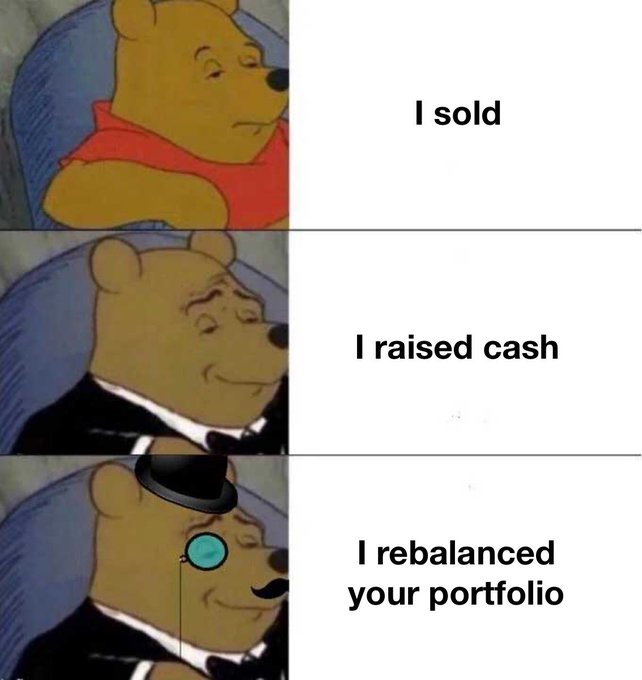 This meme shows Winnie the Pooh going from a simple "I sold" to "I raised cash" and finally to the sophisticated "I rebalanced your portfolio," illustrating the feeling of trying to sound accomplished in the face of market volatility.