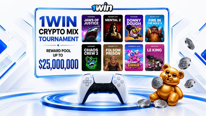 The image promotes the "1WIN Crypto Mix Tournament" featuring a $25,000,000 reward pool with games like Jaws of Justice, Mental 2, Donny Dough, Fire in the Hole 3, Chaos Crew 2, Folsom Prison, Fame Corner, and Le King, displayed alongside a PlayStation controller and a golden teddy bear with cryptocurrency coins. This visually reinforces the massive crypto gaming tournament prize pool highlighted in the accompanying post.
