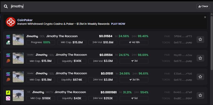 This image shows multiple listings for a cryptocurrency called "Jimothy The Raccoon" on different blockchains, including SOL and WETH, with varying market caps and ages. The post implies that the "Jimothy on Robinhood" is older than the Solana version, but the image does not show Robinhood explicitly.