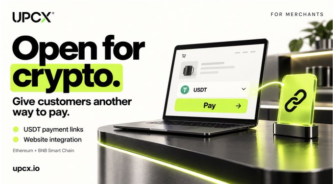 A UPCX advertisement for merchants reading 'Open for crypto. Give customers another way to pay.' with USDT payment options.