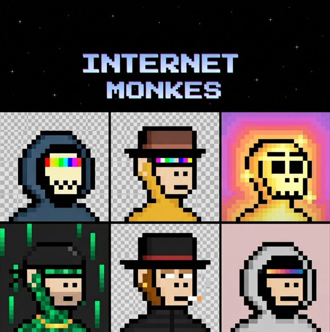 Pixel art titled 'INTERNET MONKEYS' displaying six different monkey characters, several wearing hats or glasses with colorful glitch-like digital patterns over their eyes.