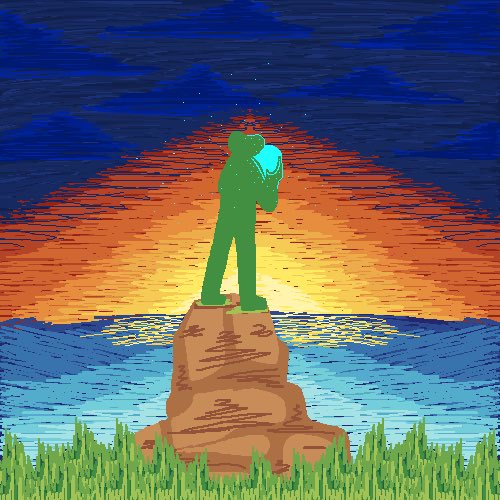 A pixel art scene showing a green frog-like figure standing on a rock and holding a blue crystal against a sunset sky.