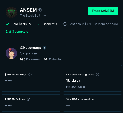 A dashboard interface for a crypto or social token called $ANSEM, showing options to 'Hold $ANSEM' and 'Connect X,' with profile details for user '@kupomogs' (993 Followers, 241 Following) and holding statistics indicating the token has been held for 10 days since the first buy on Jun 28.