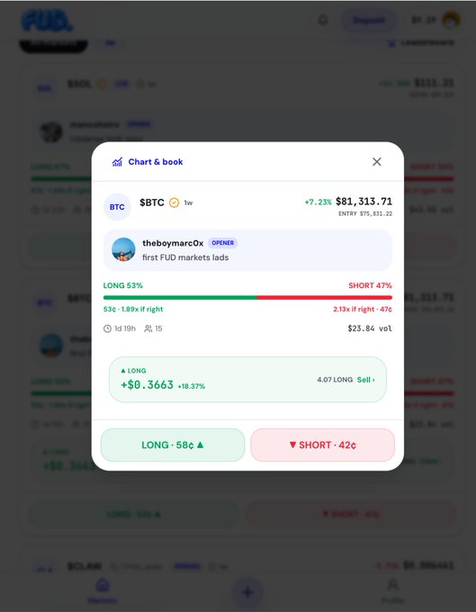 A cryptocurrency trading app screen showing a 'Chart & book' pop-up for BTC at $81,313.71, highlighting a post by 'theboymarco' titled 'first FUD markets lads'.