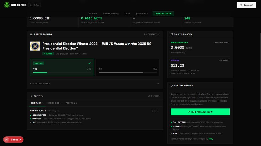 A screenshot of the 'CREEDENCE by pfw.fun' prediction market platform interface, showing a market backing question on 'Will JD Vance win the 2028 US Presidential Election?'.