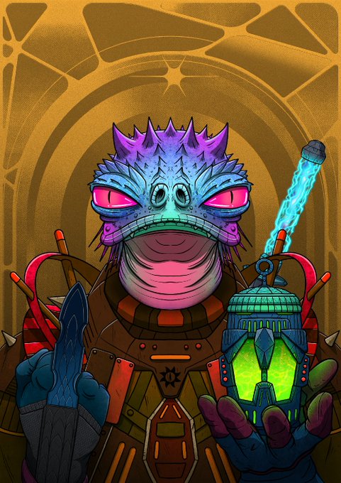 Stylized digital art of a blue and purple reptilian creature with glowing pink eyes wearing tactical armor, holding a blade in one hand and a glowing green canister with a blue plasma beam in the other.