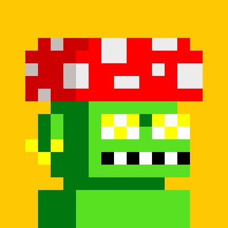 A pixel art illustration of a green blocky character with a wide toothy grin, wearing a red mushroom cap with white spots on a yellow background.