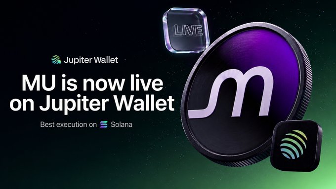 The image features a poster for a cryptocurrency called MU, which stands for Medium-Units. The poster includes several coins displayed below the central coin image, with one of them named "MU" that has an eye for space theme colors (green, purple, and white). Below this coin logo is another coin labeled "Jupiter Wallet", indicating it's related to a wallet application or platform called Jupiter Wallet.

The title of the post in the image reads: 
"AI memory just came onchain. $MU is live on Jupiter via @sunrisedefi ?" which is an AI description and implies that MU might be part of a Blockchain wallet solution, possibly offering cryptocurrency trading or investing capabilities as well.