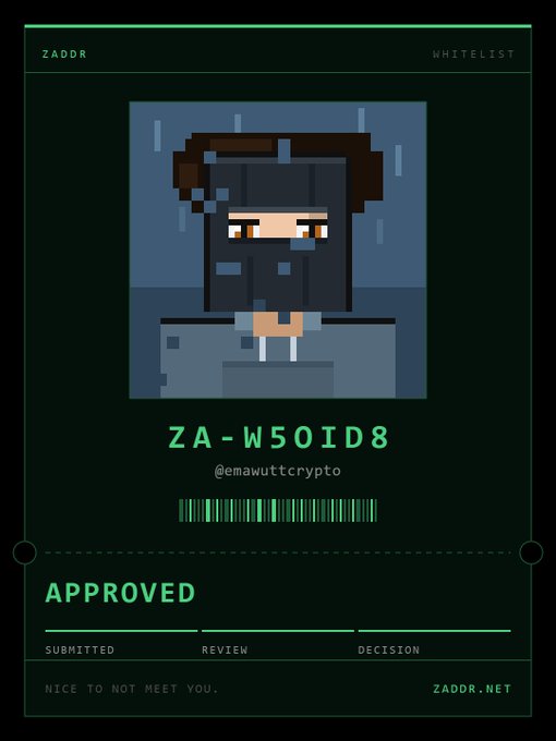 A pixel-art style digital ID card with green text reading 'ZADDR', 'WHITELIST', 'ZA-W5OID8', '@emawuttcrypto', 'APPROVED', and 'ZADDR.NET'.