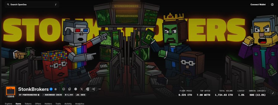 A webpage banner for the 'StonkBrokers' NFT collection features pixel art characters in a trading room setting, with a floor price of 9.225 ETH.
