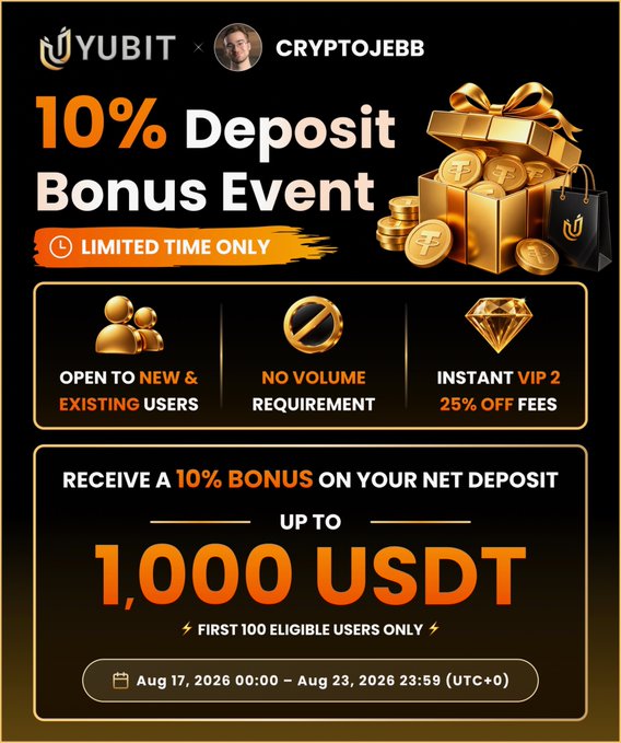 A YUBIT x CRYPTOJEBB promotional banner advertises a '10% Deposit Bonus Event' offering up to 1,000 USDT, valid August 17-23, 2026, with VIP 2 features and 25% off fees.