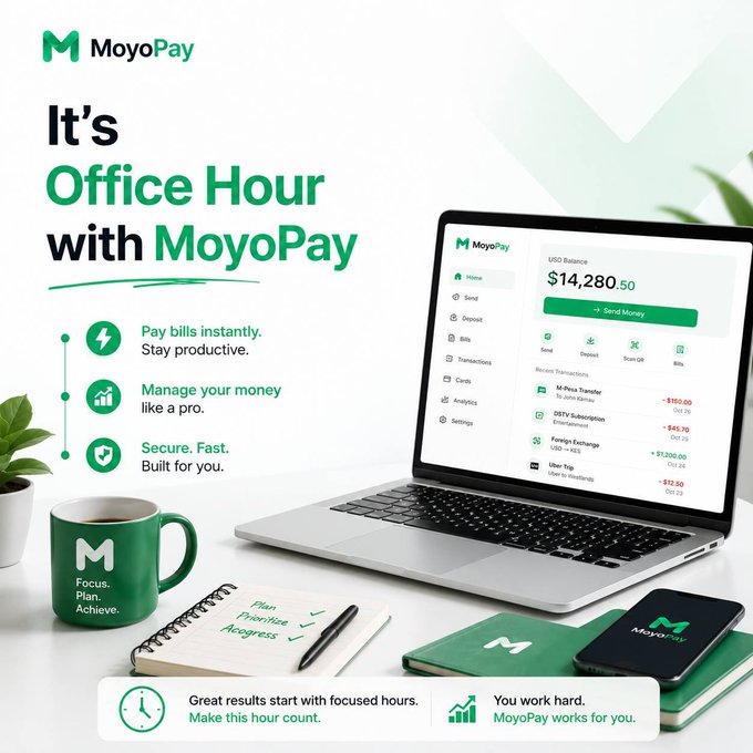 The image features a laptop computer sitting on top of a desk along with some books and a mug. The background of the image has text that reads "It's Office Hour with M oyopay", which suggests that this might be an advertisement for a mobile payment app called M oyopay, designed to help people manage their finances more efficiently while working from home or during office hours.