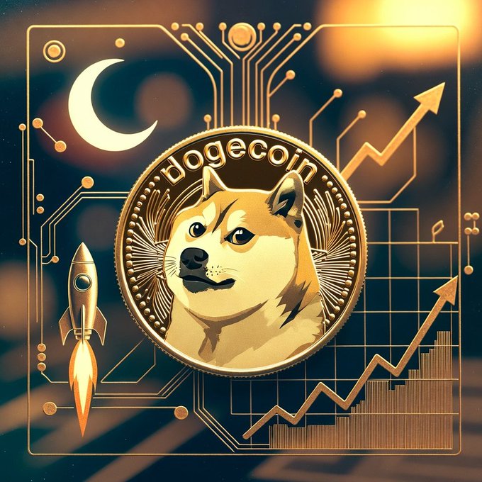 A gold-colored dog coin stands out against a dark blue background with various icons, including a rocket ship above and an economic chart below. The text "Dogecoin" is visible within the image, connecting the elements around the coin.