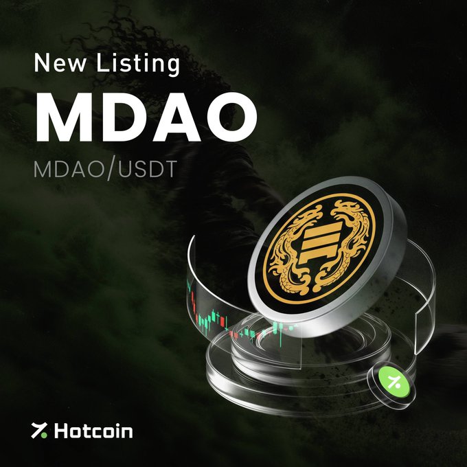 A promotional graphic announcing a "New Listing" for the cryptocurrency "MDAO/USDT" on the Hotcoin exchange, featuring a 3D coin with a gold dragon design and a green candlestick chart.