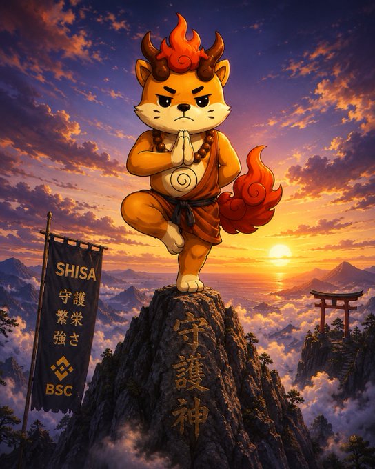 Digital illustration of an anthropomorphic Shiba Inu character in a meditative martial arts pose on a mountain peak, with a 'SHISA BSC' Binance Smart Chain flag and a torii gate visible in the background sunset landscape.