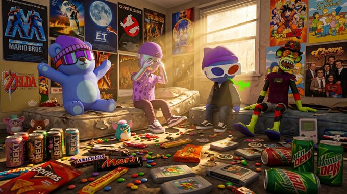 A colorful 3D-rendered scene of a bedroom decorated with movie posters and filled with candy, energy drinks, snacks, and a large blue bear plush, featuring three stylized cartoon characters.