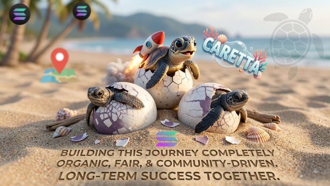 An AI-generated image of turtles hatching from eggs on a beach, featuring a rocket-riding turtle, the text 'CARETTA', and a banner reading 'BUILDING THIS JOURNEY COMPLETELY ORGANIC, FAIR, & COMMUNITY-DRIVEN, LONG-TERM SUCCESS TOGETHER.'