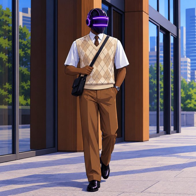 An anime-style illustration features a person with dark skin wearing an argyle sweater vest over a white shirt and tie, brown trousers, and a futuristic helmet with a glowing purple visor, walking through a modern urban setting with glass buildings.