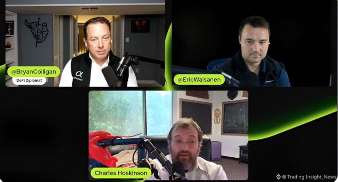 A split-screen video podcast or interview featuring Bryan Colligan (DeFi Diplomat), Eric Waisanen, and Charles Hoskinson from Trading Insight News.