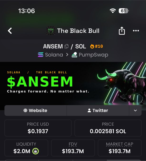 A mobile app screenshot shows a token page for '$ANSEM' on the Solana blockchain via PumpSwap, listed under 'The Black Bull', with a price of $0.1937 USD and a market cap of $193.7M.
