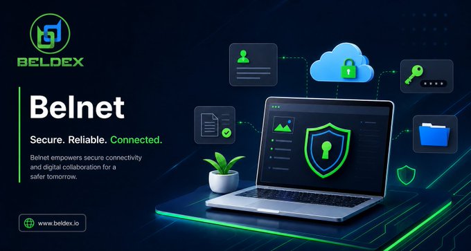 The image is a promotional graphic for "Belnet" by Beldex (beldex.io), featuring the tagline "Secure. Reliable. Connected." alongside a laptop displaying a shield icon, connected to symbols representing users, cloud security, encryption keys, and files.

The graphic visually reinforces the post's message about app-level split tunneling by showcasing a central device with multiple secure pathways to different services, illustrating how Belnet allows users to selectively route apps through onion routing rather than forcing all traffic through a single tunnel.
