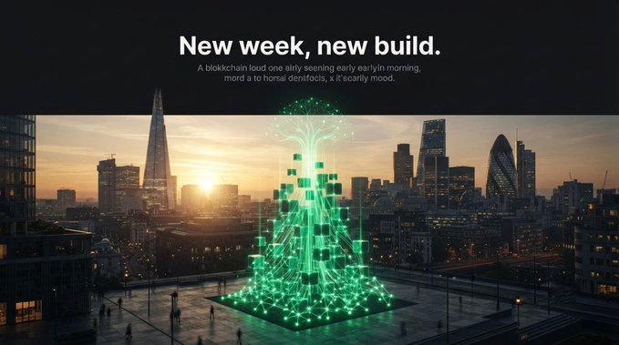 A promotional image showing a glowing green blockchain/tree-like digital structure in a cityscape at sunset, with text reading 'New week, new build.' and garbled text below it.