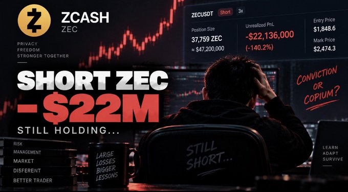 A cryptocurrency graphic for ZCASH (ZEC) showing a 'SHORT ZEC -$22M STILL HOLDING' headline with a chart and an image of a person sitting at a desk with their head in their hands.
