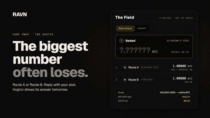 A dark-themed promotional graphic for a crypto betting platform called 'RAVN', with the slogan 'The biggest number often loses,' showing a sealed 0.2 BTC prediction by Huiginn's Pick.