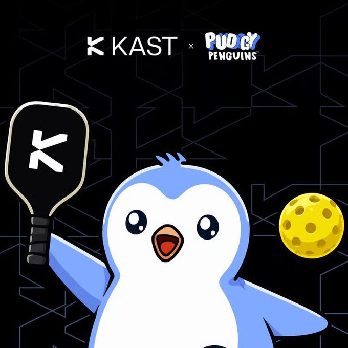 A collaboration graphic showing the KKAST and Pudgy Penguins logos with a cartoon penguin holding a pickleball paddle and a yellow waffle ball.