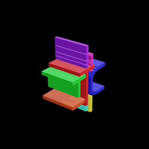 A 3D rendered illustration of colorful stacked shelves in purple, red, green, blue, and orange against a black background.